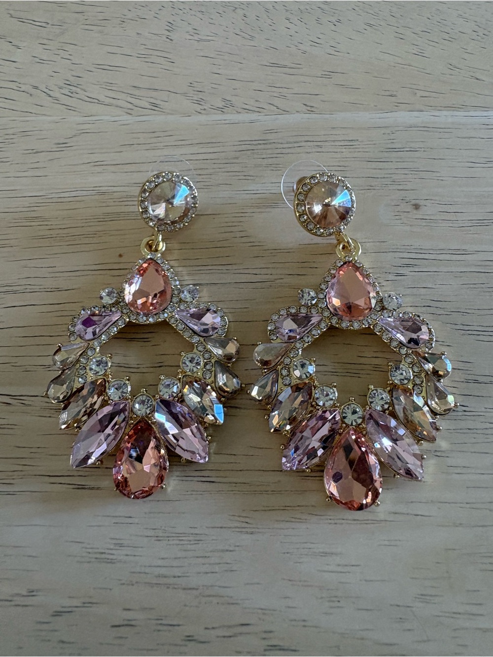 Pink Crystal Teardrop Chandelier Earrings with Gold-Tone Setting
